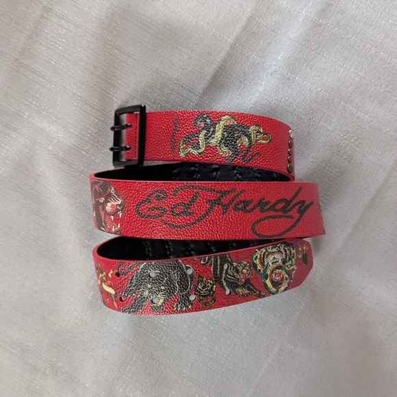 NEW! Ed Hardy Panther Tattoo Print Red Belt With Rivet Studs Men's Size 40 - Picture 1 of 4
